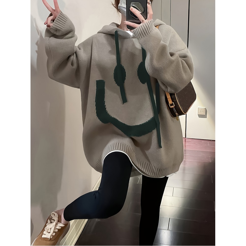 女士笑脸提花连帽卫衣毛衫