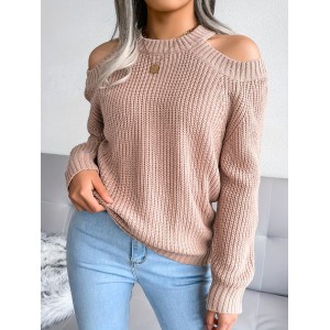 女士露肩针织套头毛衣 - 100%腈纶高弹休闲秋冬季上衣