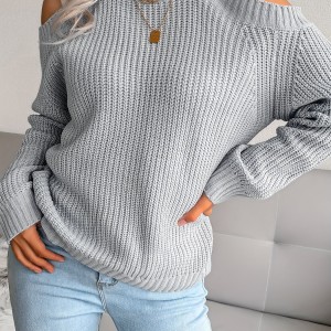 女士露肩针织套头毛衣 - 100%腈纶高弹休闲秋冬季上衣