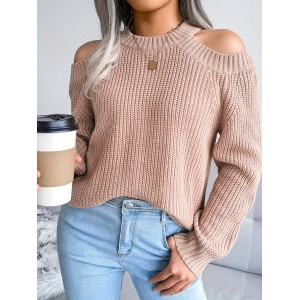 女士露肩针织套头毛衣 - 100%腈纶高弹休闲秋冬季上衣