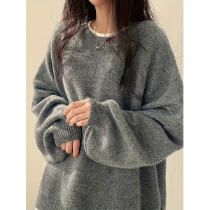 女士纯色落肩式涤纶套头毛衣