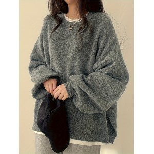 女士纯色落肩式涤纶套头毛衣