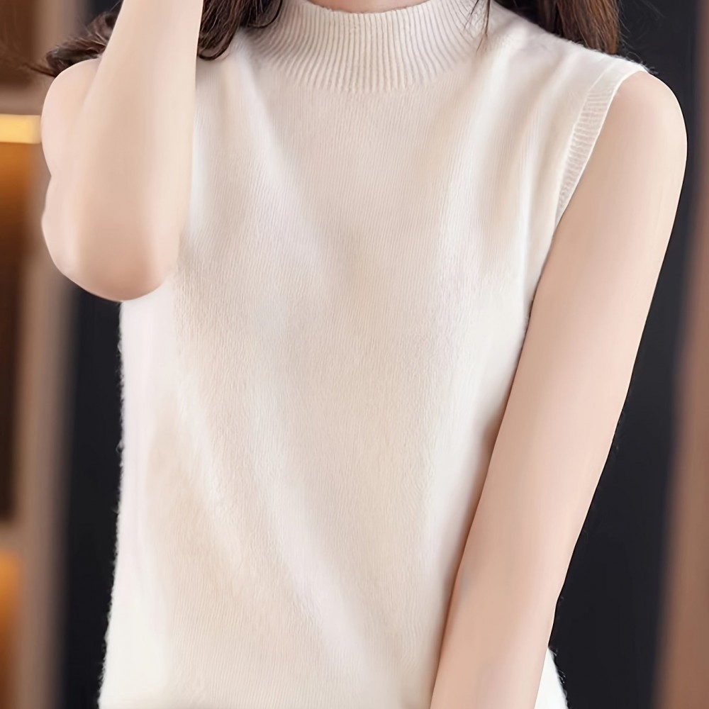 女士纯色高领针织背心上衣 - 涤纶