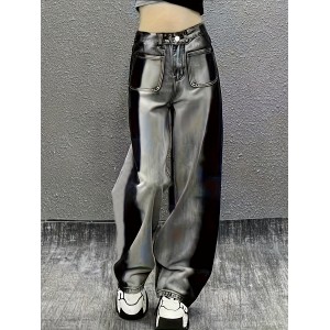 女士撞色阔腿无弹力牛仔裤