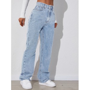 浅蓝色高腰宽松直筒牛仔裤