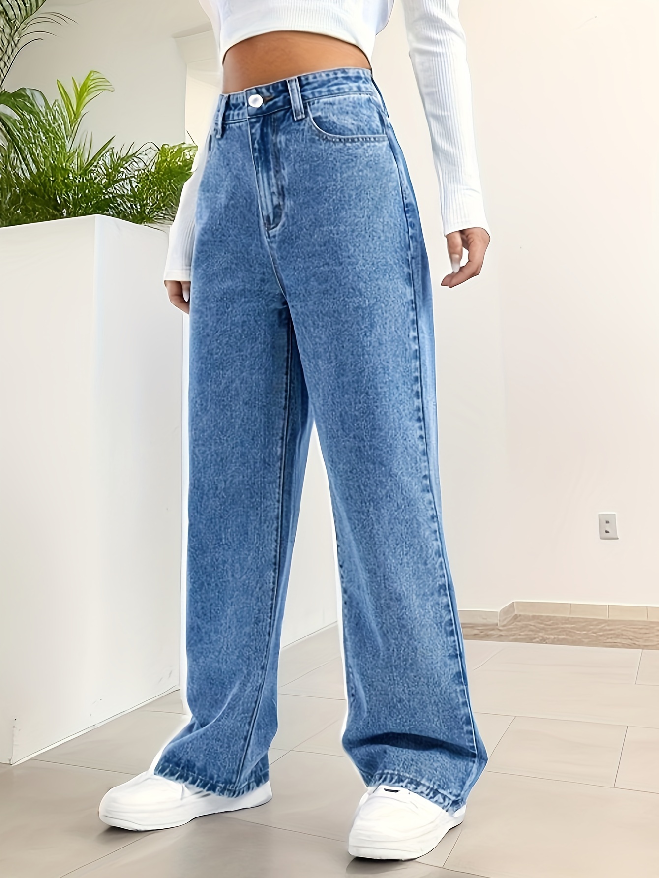 Loose fit washed straight jeans slant pockets non stretch denim pants womens denim jeans clothing details 2