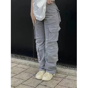 女士高腰直筒牛仔工装裤 - Y2K韩流风