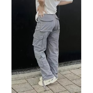 女士高腰直筒牛仔工装裤 - Y2K韩流风