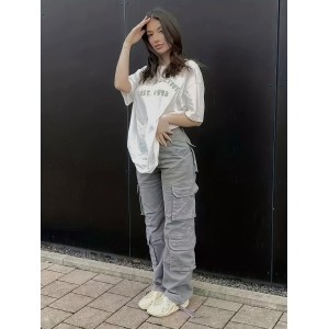 女士高腰直筒牛仔工装裤 - Y2K韩流风
