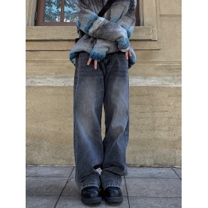 女士高弹力阔腿直筒牛仔裤