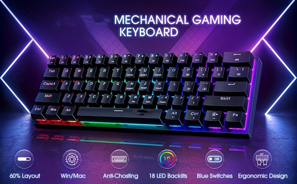 60% Mechanical Gaming Keyboard — Blue Switches, RGB Backlight, Wired