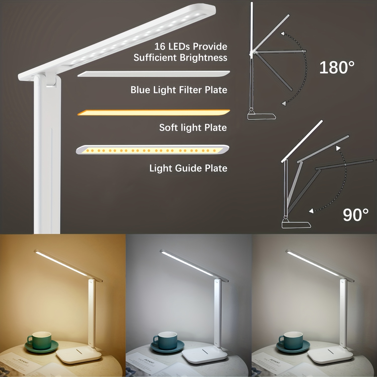 Flicker-Free LED Desk Lamp — 3 Color Temperature Modes, Touch Control, USB Rechargeable