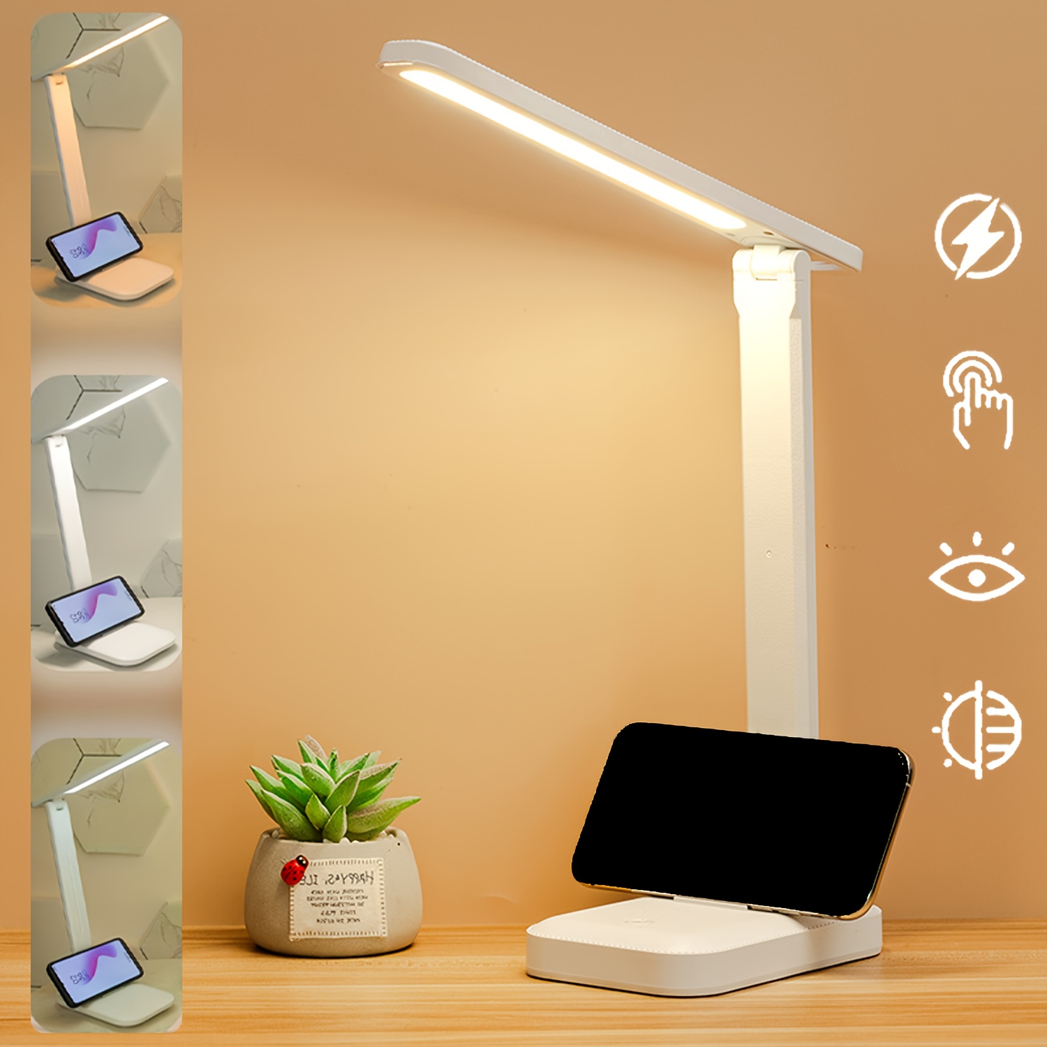 Flicker-Free LED Desk Lamp — 3 Color Temperature Modes, Touch Control, USB Rechargeable