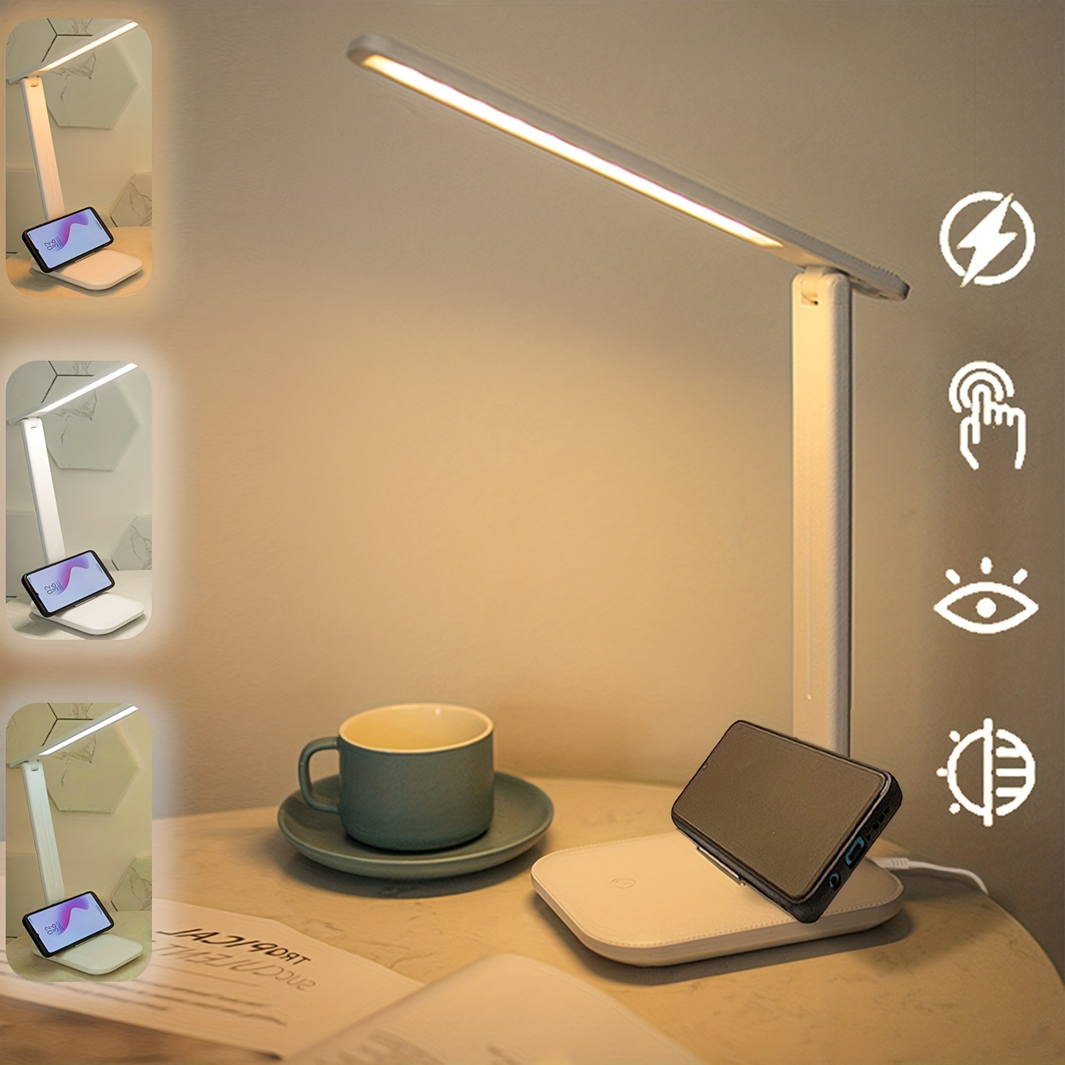 Flicker-Free LED Desk Lamp — 3 Color Temperature Modes, Touch Control, USB Rechargeable