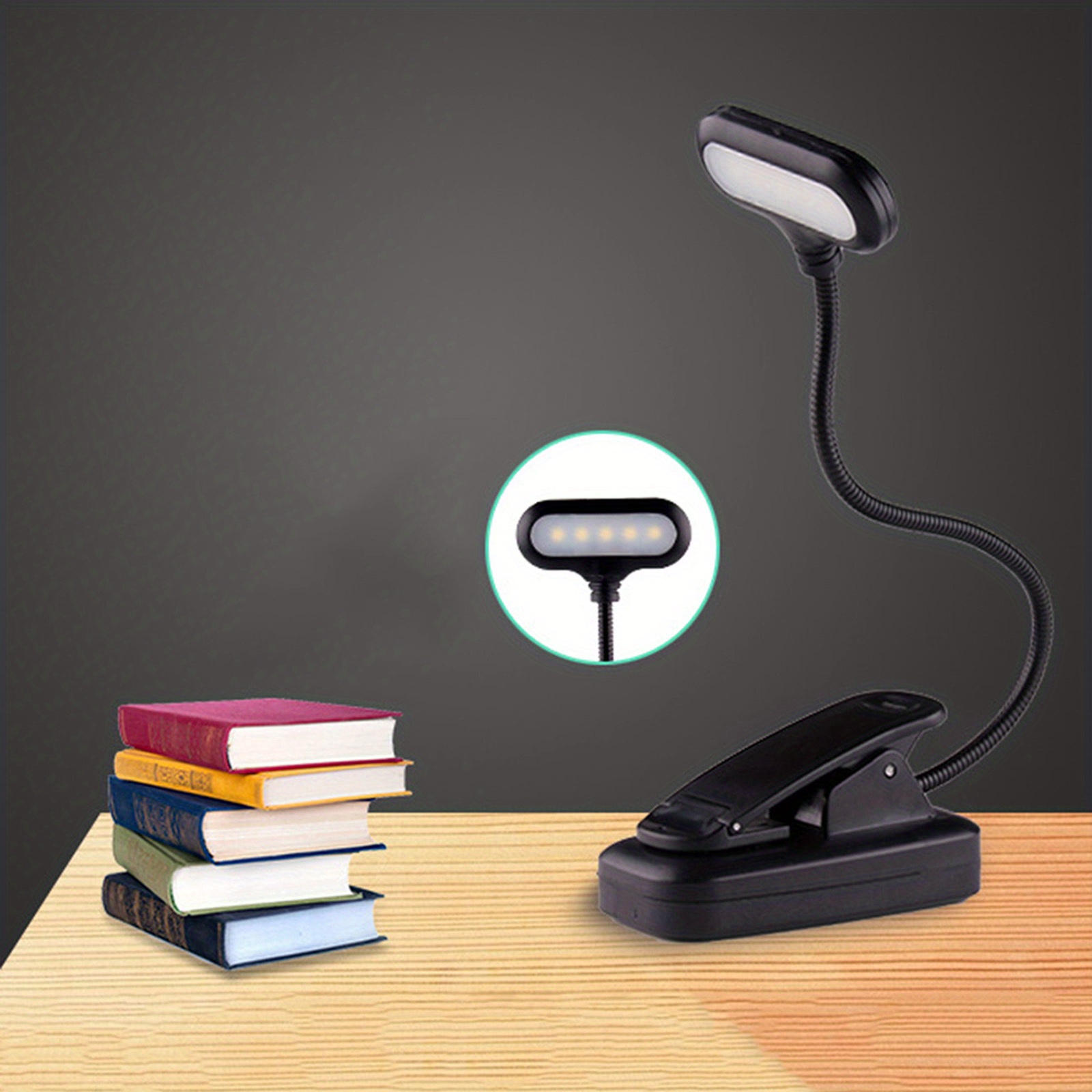 Flexible USB-rechargeable LED clamp-on reading lamp, portable desktop lamp for home and office décor detail view 2
