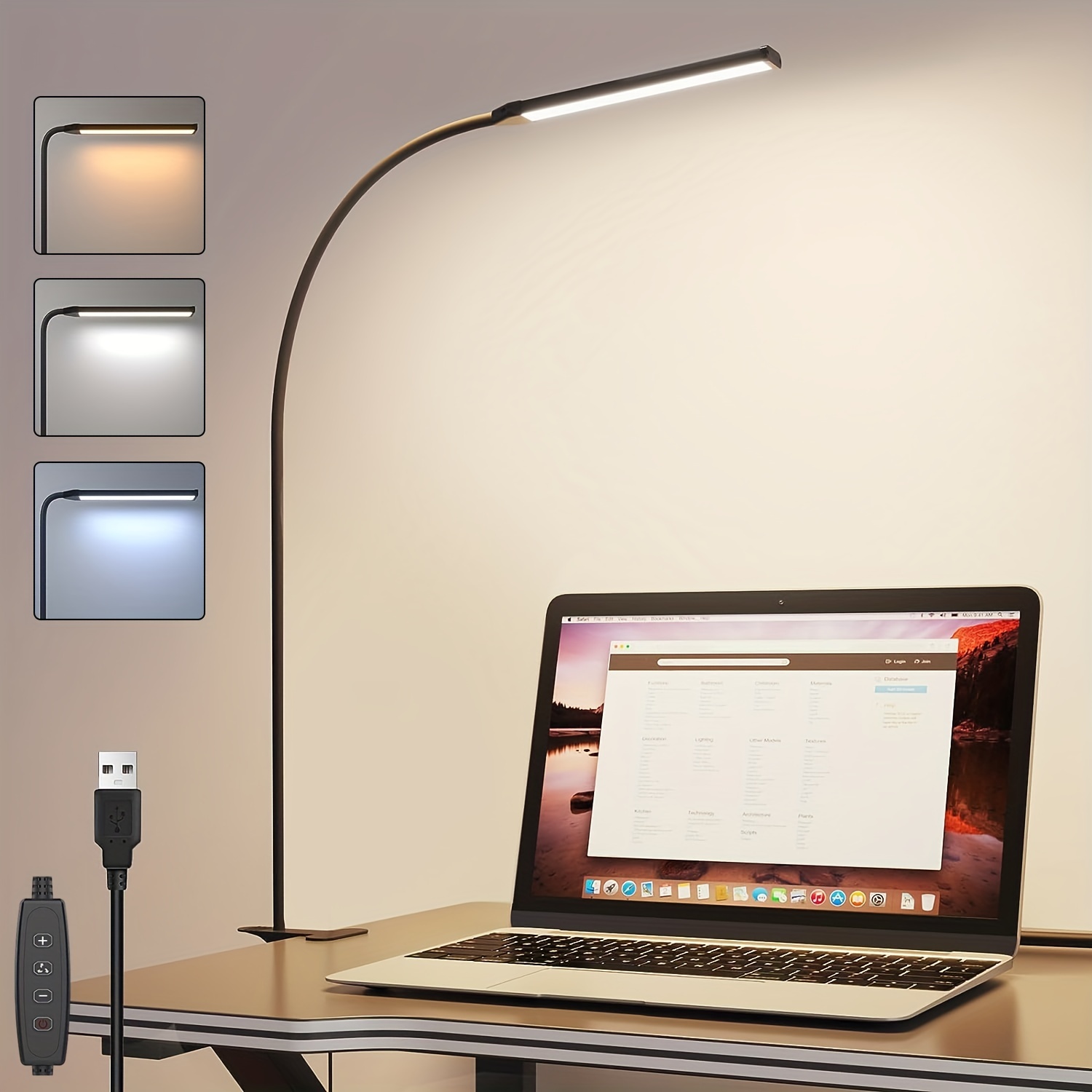 Clampable LED Desk Lamp — USB-Powered, 3-Color Temperature, 10-Level Dimming