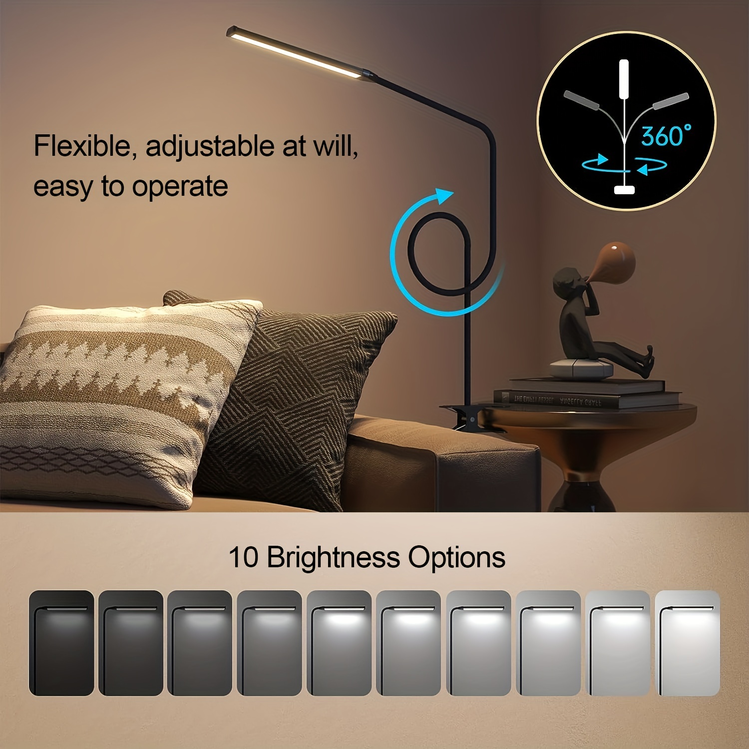 Clampable LED Desk Lamp — USB-Powered, 3-Color Temperature, 10-Level Dimming