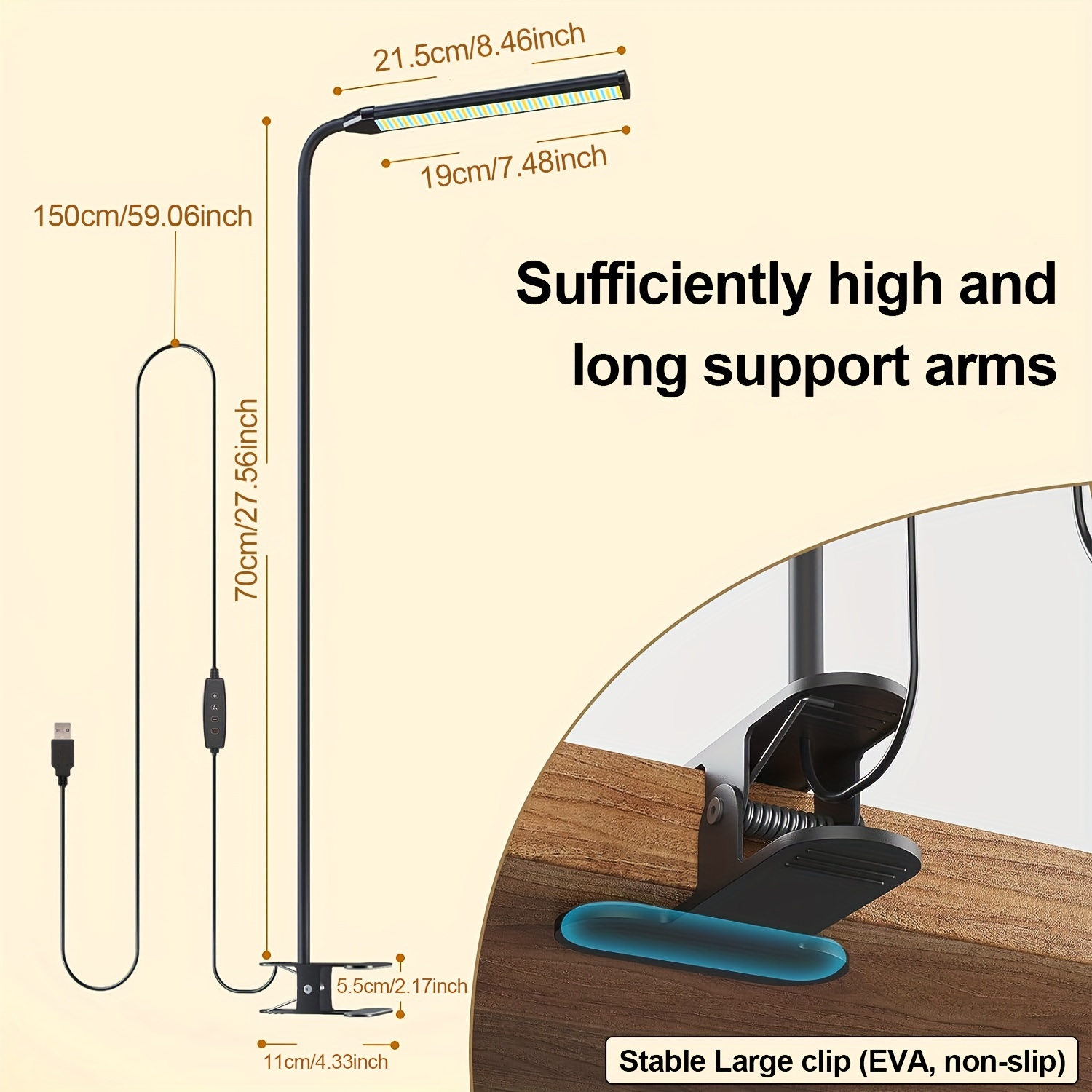 Clampable LED Desk Lamp — USB-Powered, 3-Color Temperature, 10-Level Dimming