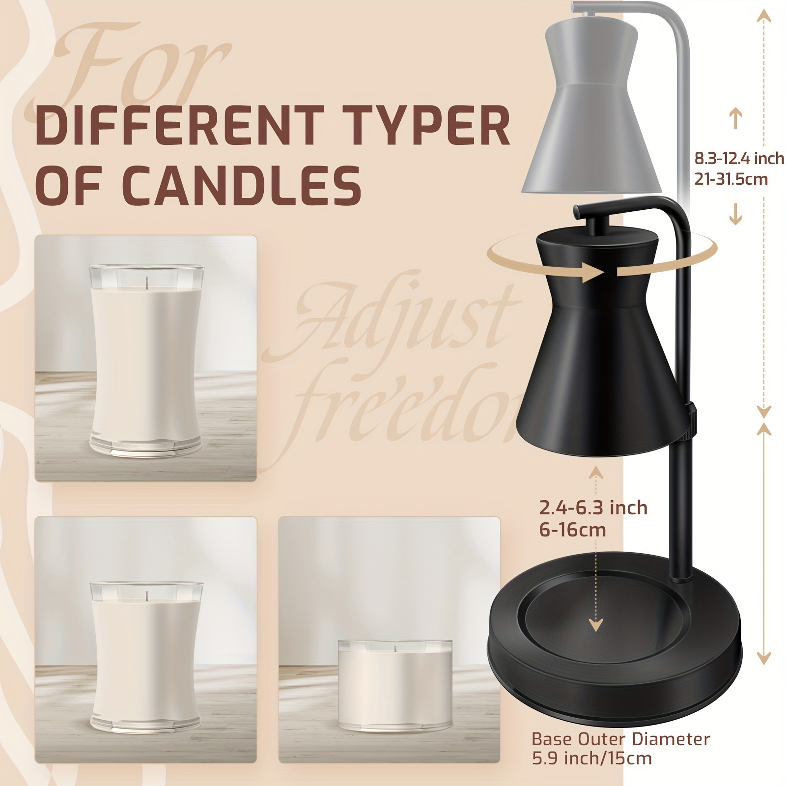 Modern Dimmable Candle Warmer Lamp — Black, Height-Adjustable