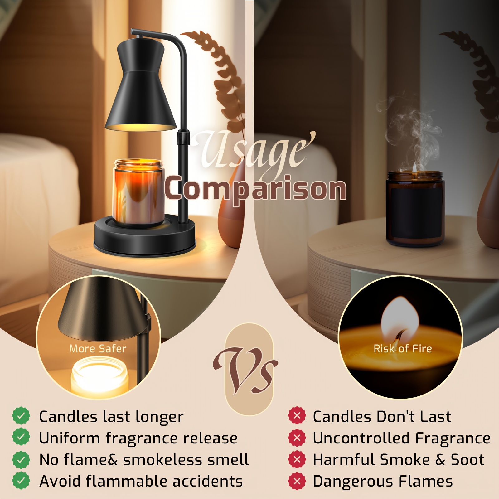 Modern Dimmable Candle Warmer Lamp — Black, Height-Adjustable