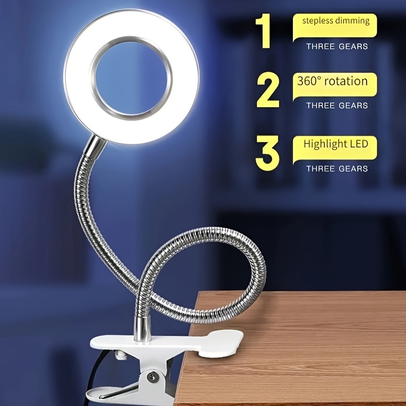 Dimmable LED Reading Lamp — Clamp Mount, Adjustable Brightness & Color Temperature, USB-Powered