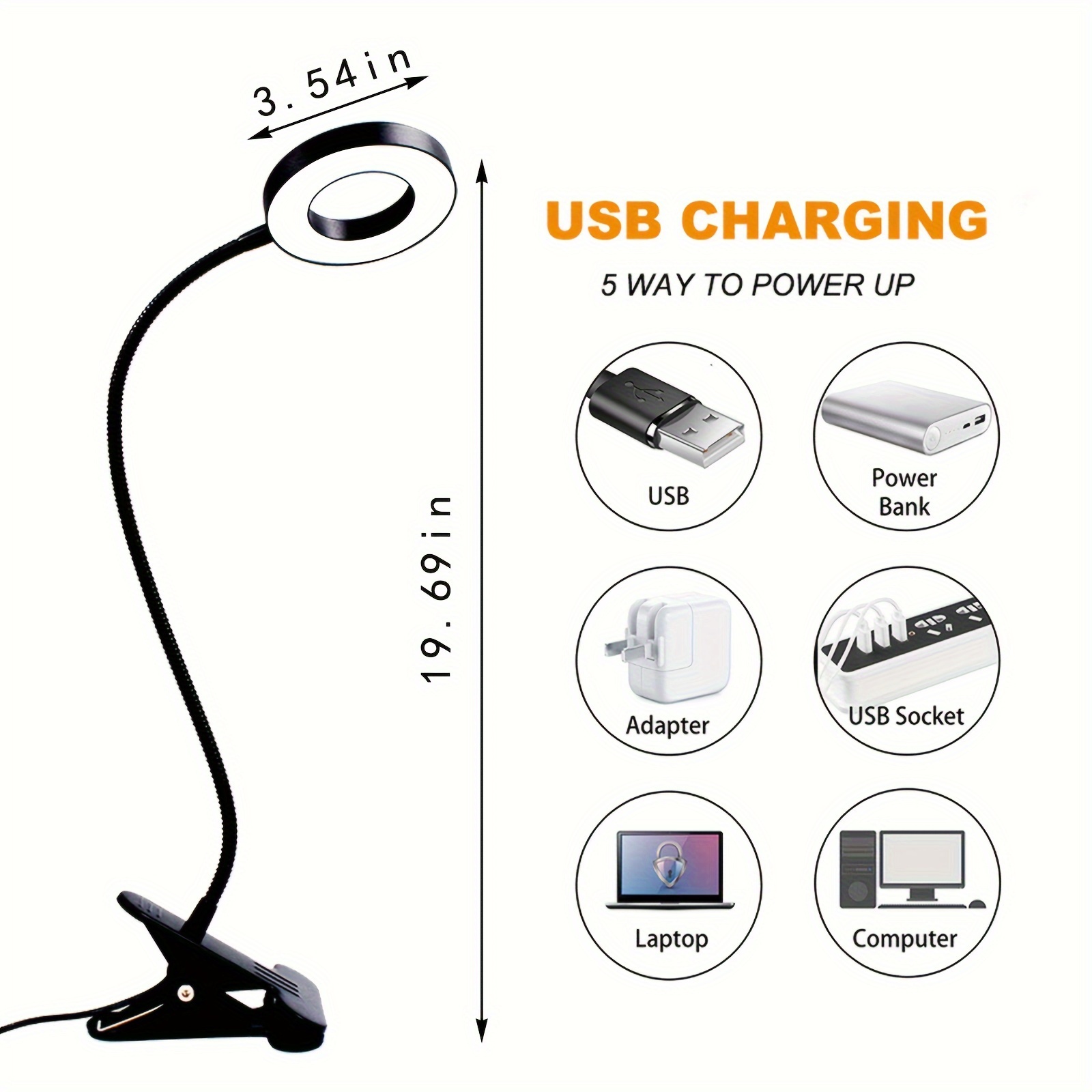 Dimmable LED Reading Lamp — Clamp Mount, Adjustable Brightness & Color Temperature, USB-Powered