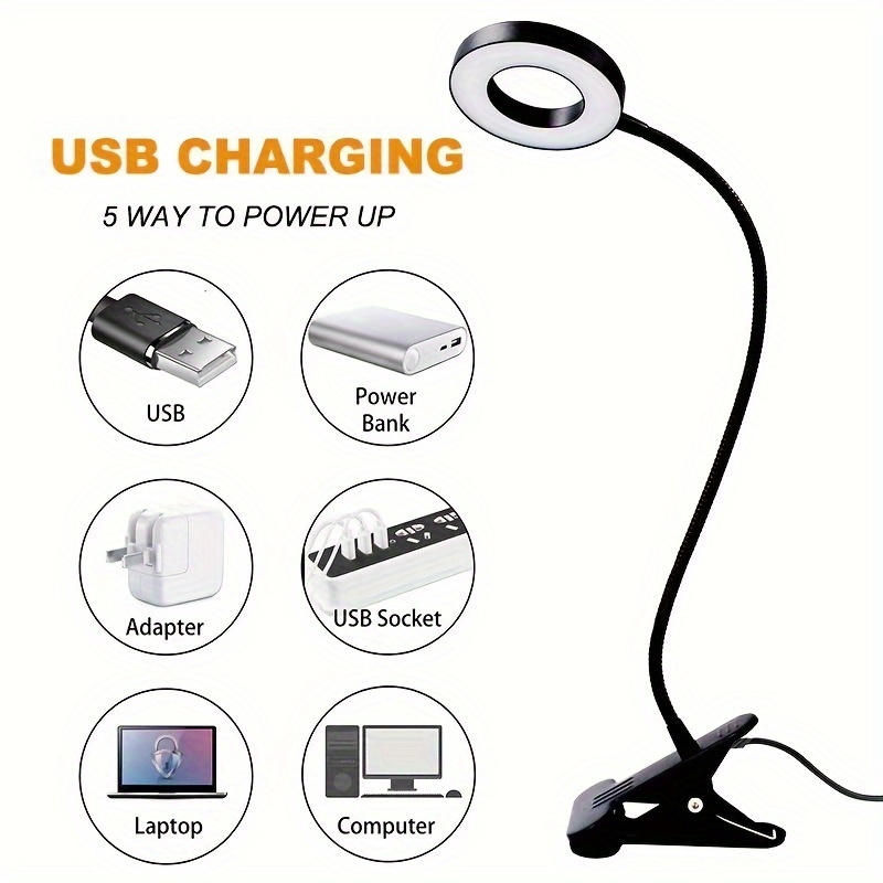 Dimmable LED Reading Lamp — Clamp Mount, Adjustable Brightness & Color Temperature, USB-Powered