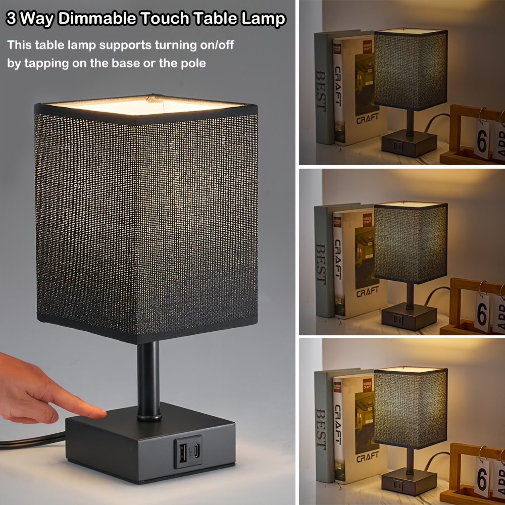 Black Touch-Control Bedside Lamp — 3-Level Dimming, Dual USB-C/A Charging