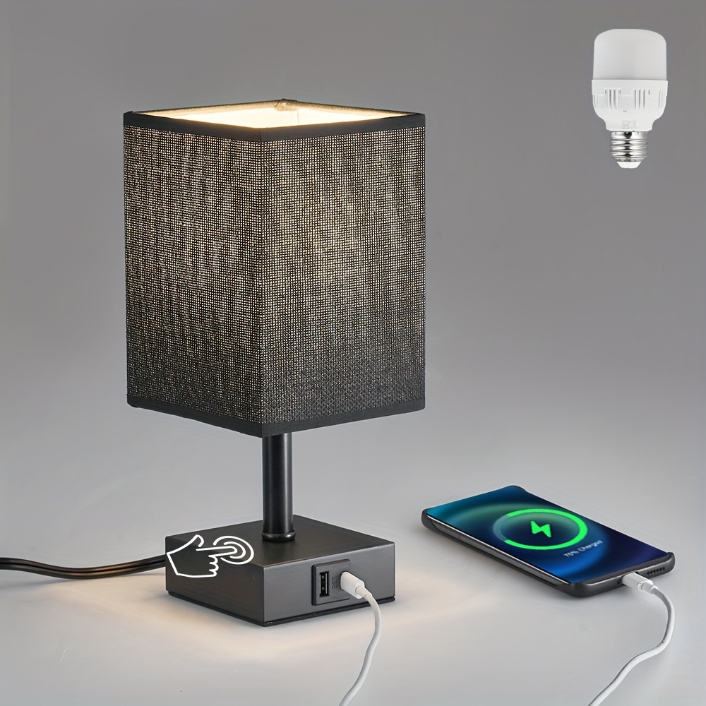 Black Touch-Control Bedside Lamp — 3-Level Dimming, Dual USB-C/A Charging