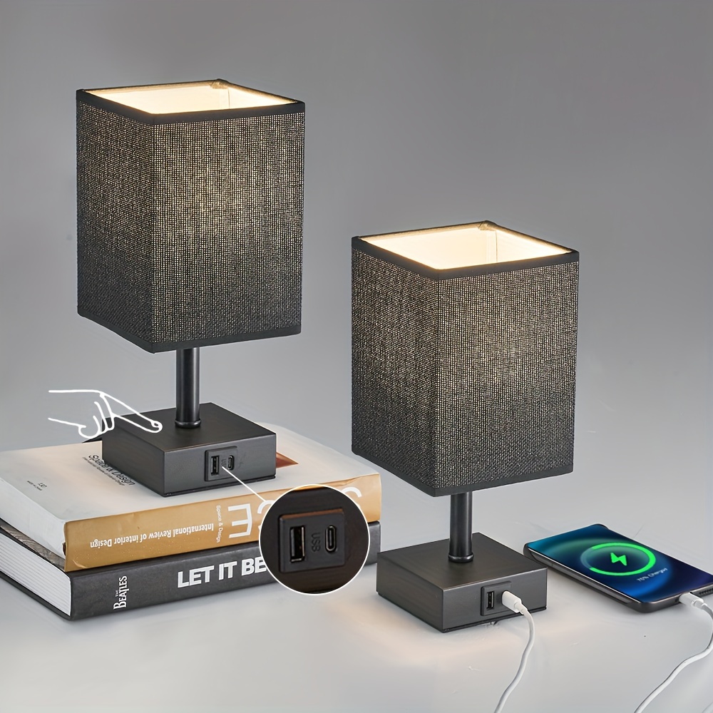 Black Touch-Control Bedside Lamp — 3-Level Dimming, Dual USB-C/A Charging