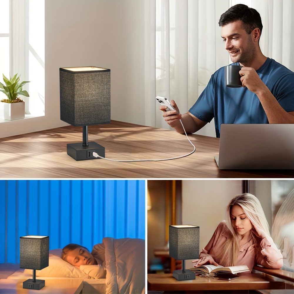 Black Touch-Control Bedside Lamp — 3-Level Dimming, Dual USB-C/A Charging