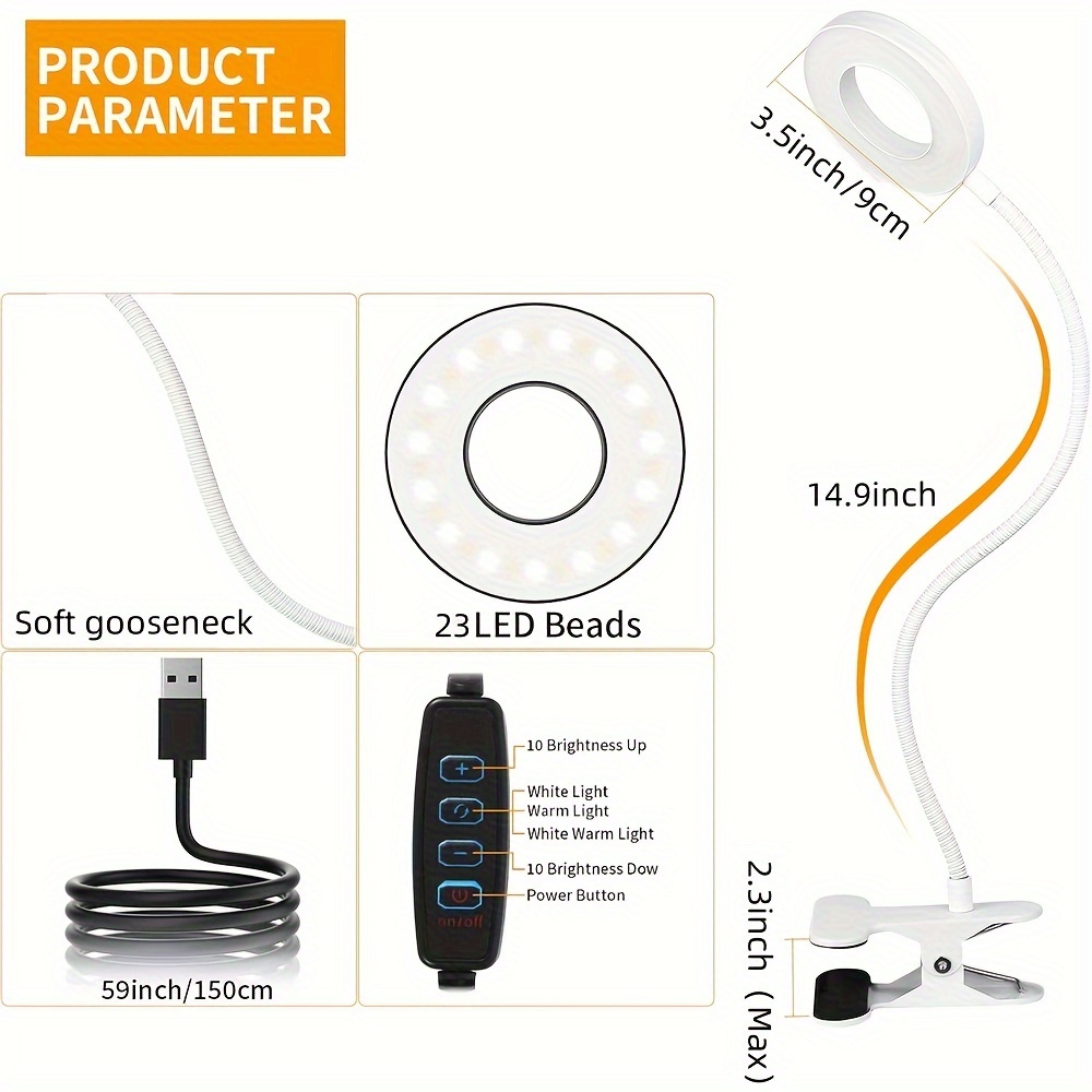 Dimmable Metal Gooseneck Clamp Lamp with USB Port and 23 LEDs — Close-Up of USB Port