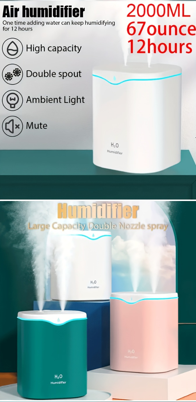 2L USB Portable Ultrasonic Humidifier — Dual Mist Mode, Ultra-Quiet Design, Aromatherapy & 7-Color LED Night Light