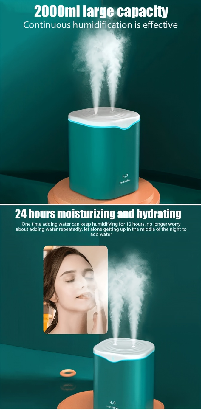 2L USB Portable Ultrasonic Humidifier — Dual Mist Mode, Ultra-Quiet Design, Aromatherapy & 7-Color LED Night Light
