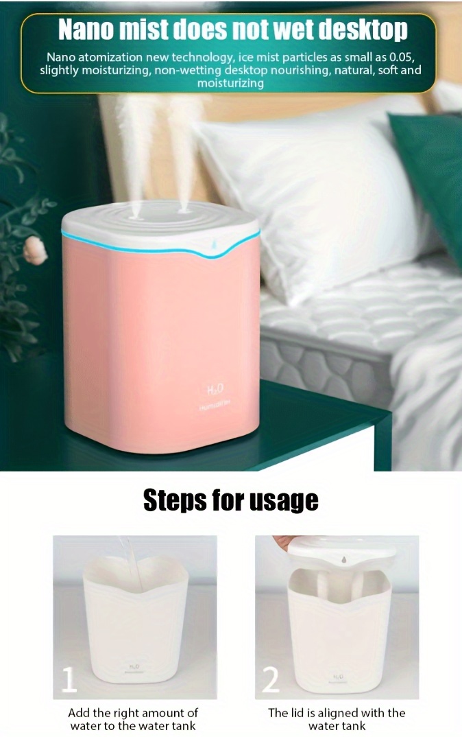 2L USB Portable Ultrasonic Humidifier — Dual Mist Mode, Ultra-Quiet Design, Aromatherapy & 7-Color LED Night Light