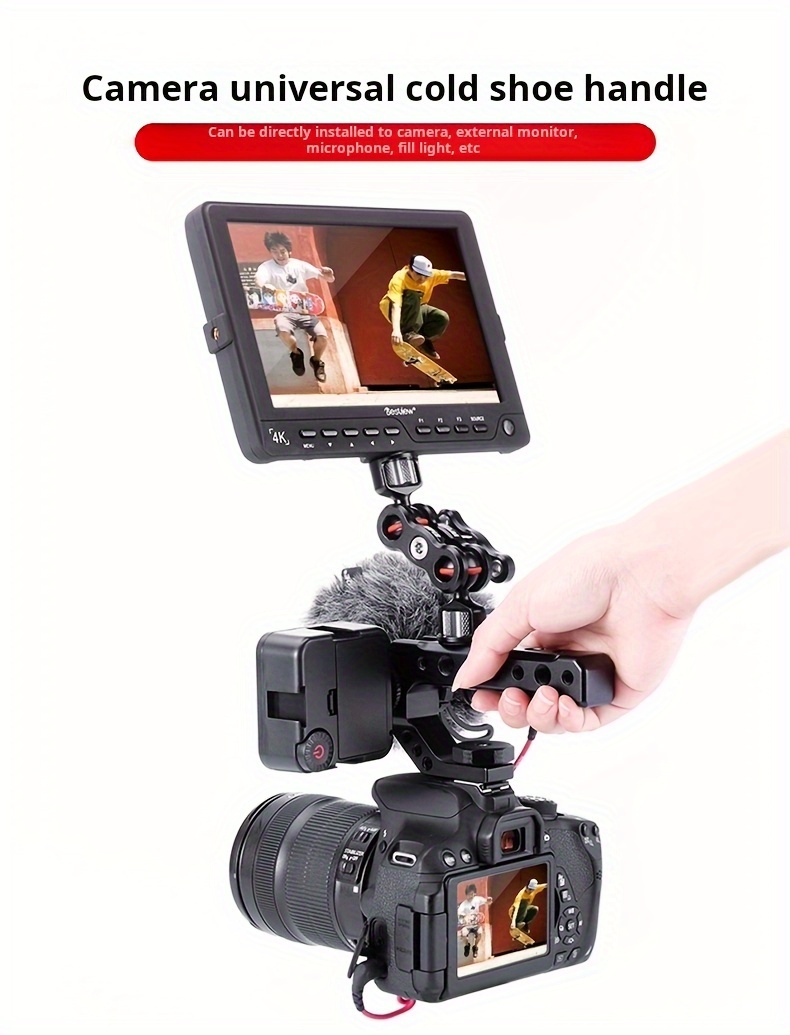 Aluminum DSLR Camera Top Handle — Front view showing cold shoe mounts and locking knob