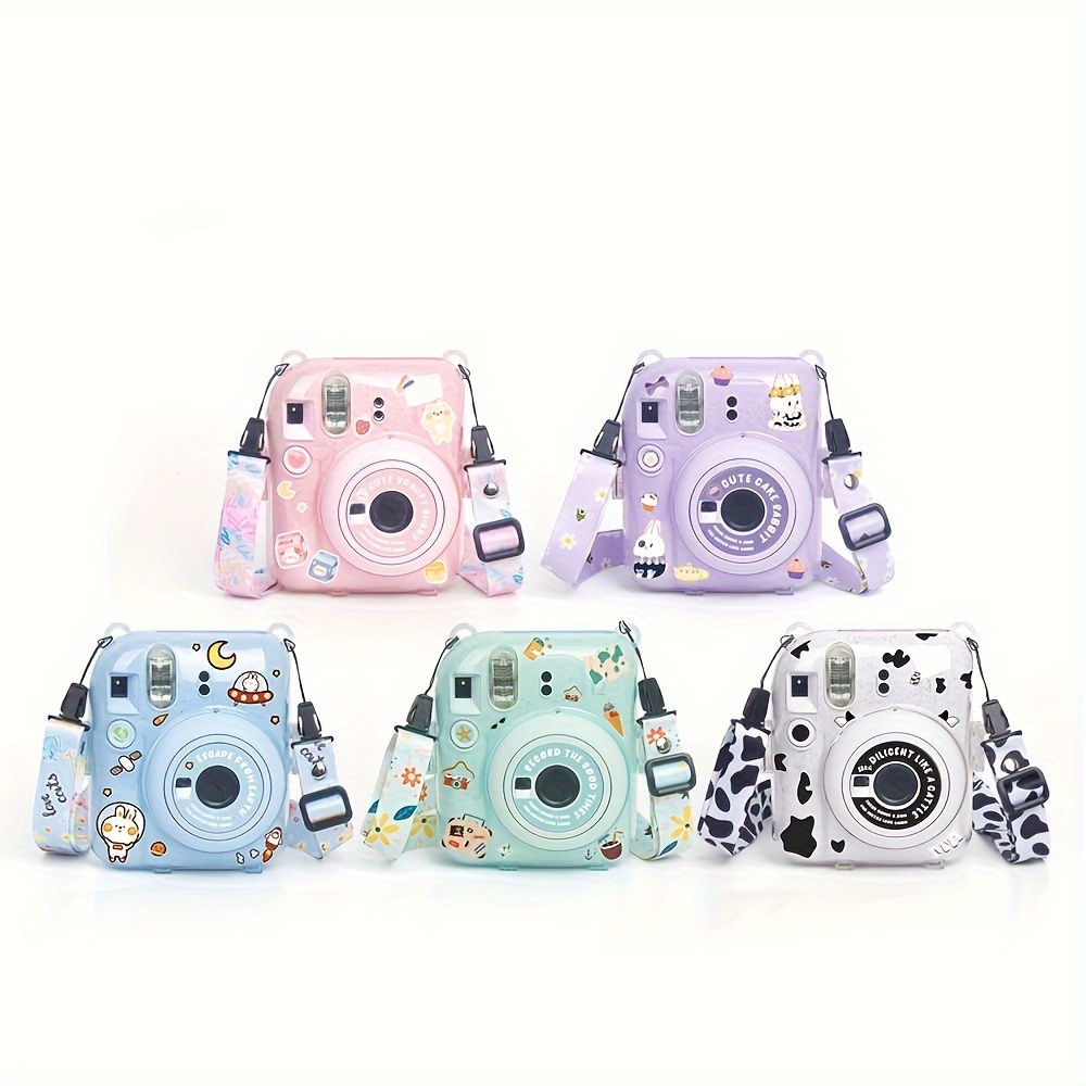 Fujifilm instax mini 12 Transparent Protective Case + Adjustable Wrist Strap (with DIY Cartoon Stickers)