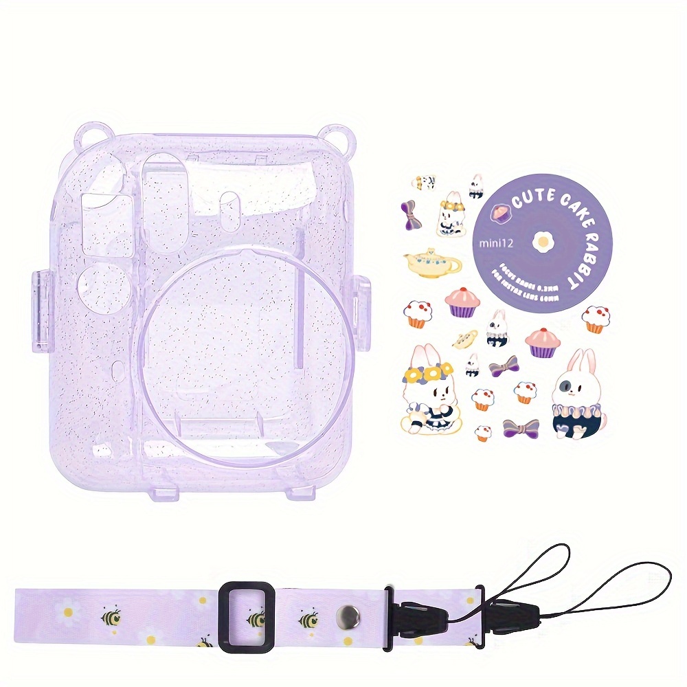 Fujifilm instax mini 12 Transparent Protective Case + Adjustable Wrist Strap (with DIY Cartoon Stickers)