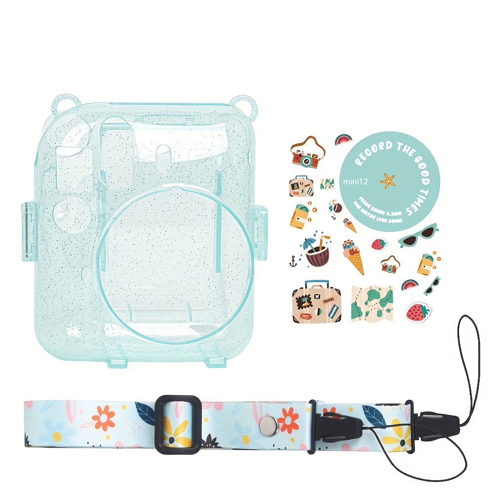 Fujifilm instax mini 12 Transparent Protective Case + Adjustable Wrist Strap (with DIY Cartoon Stickers)
