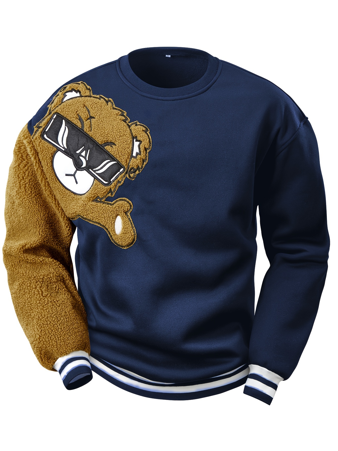 Men's cartoon bear embroidery crew neck sweatshirt loose fit sports tops details 0
