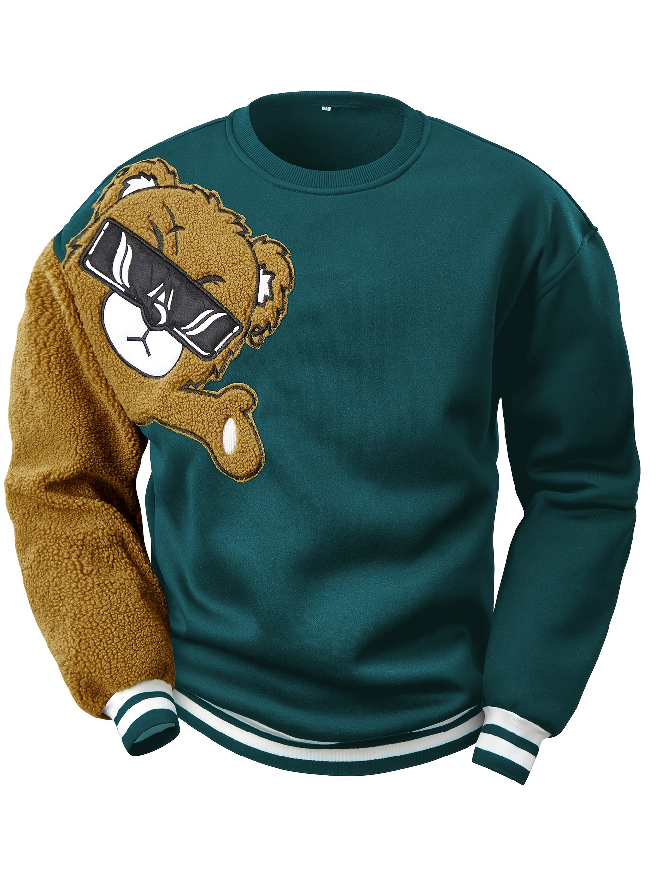 Men's cartoon bear embroidery crew neck sweatshirt loose fit sports tops details 6