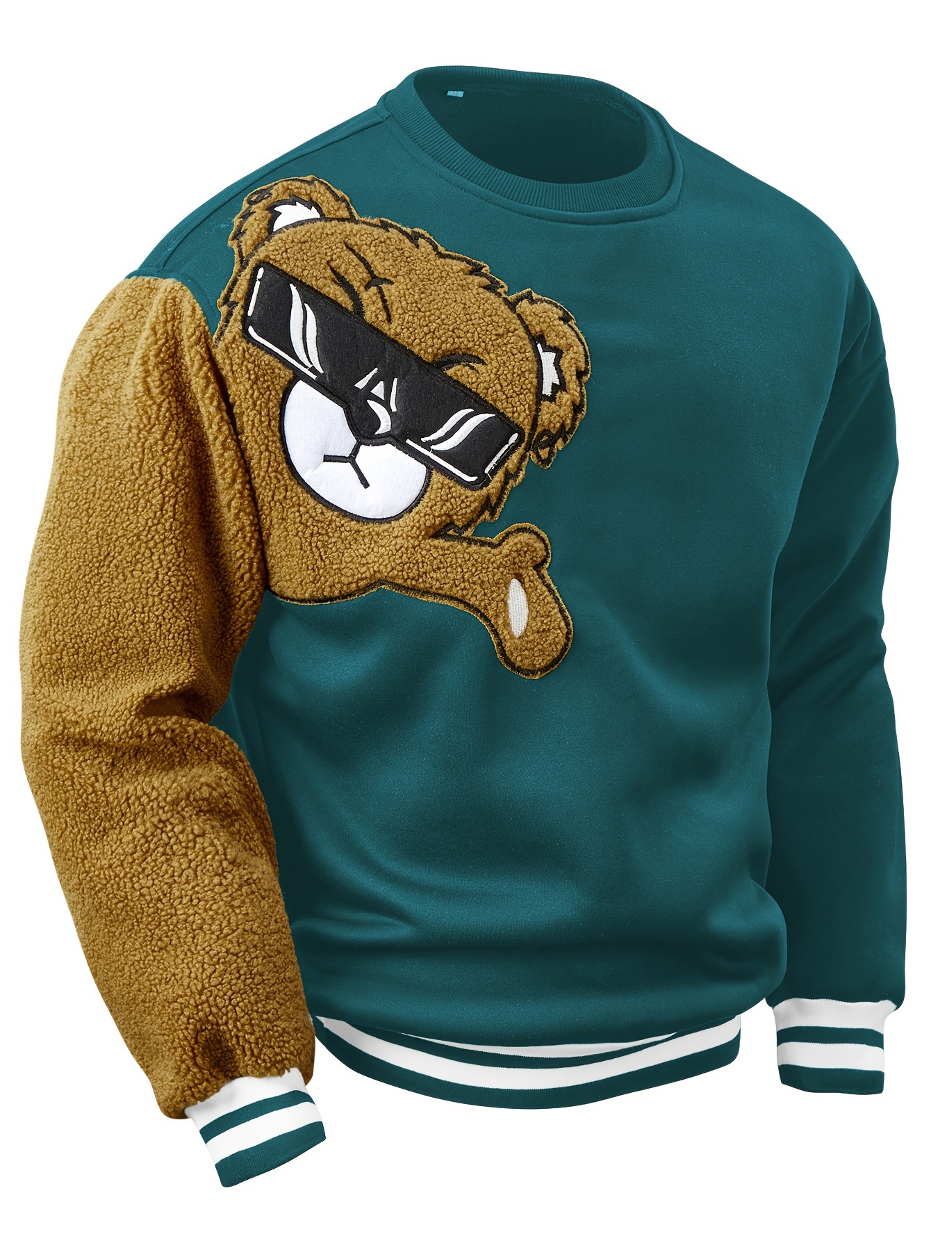 Men's cartoon bear embroidery crew neck sweatshirt loose fit sports tops details 10