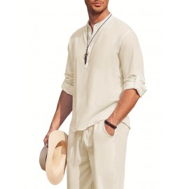 Men's Linen-Viscose Henley Shirt – Long Sleeve V-Neck