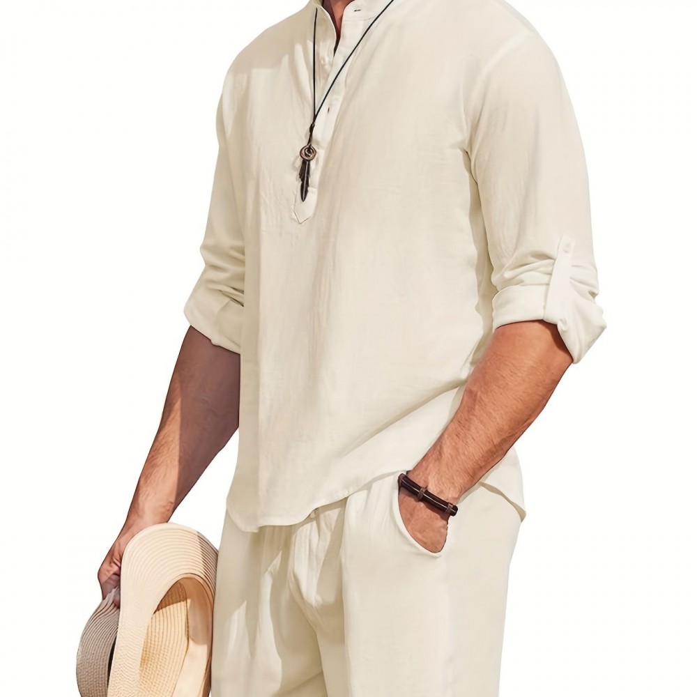 Men's Linen-Viscose Henley Shirt – Long Sleeve V-Neck