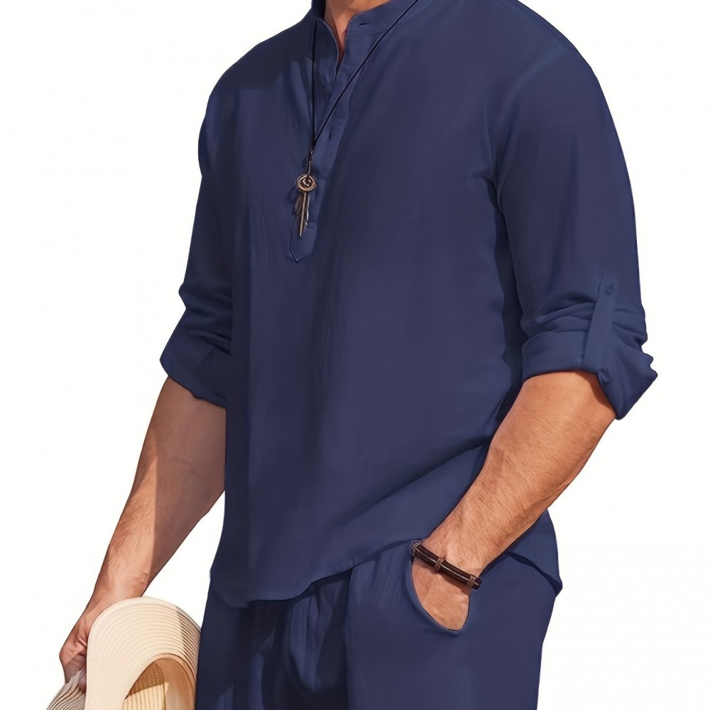 Men's Linen-Viscose Henley Shirt – Long Sleeve V-Neck
