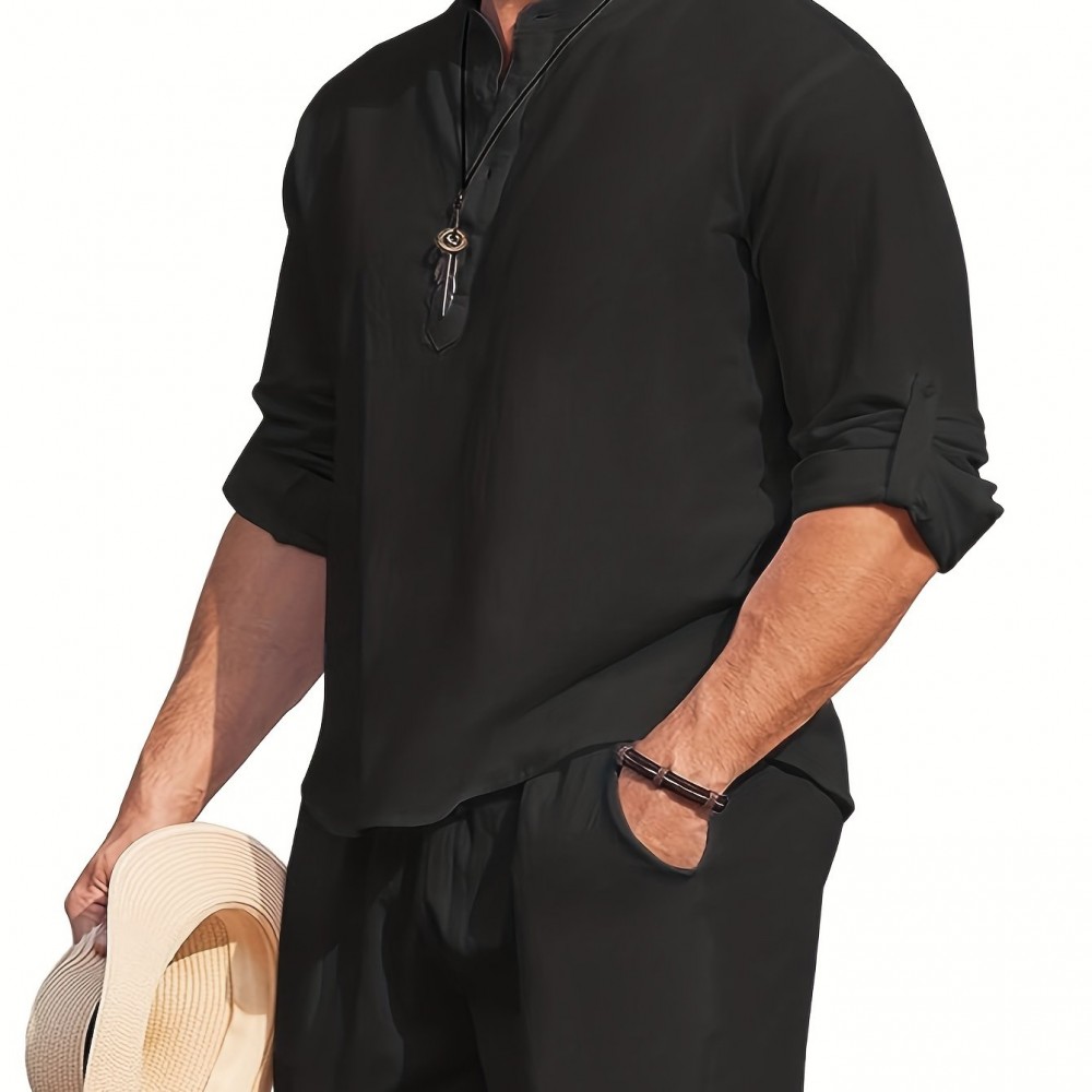 Men's Linen-Viscose Henley Shirt – Long Sleeve V-Neck