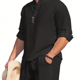Men's Linen-Viscose Henley Shirt – Long Sleeve V-Neck