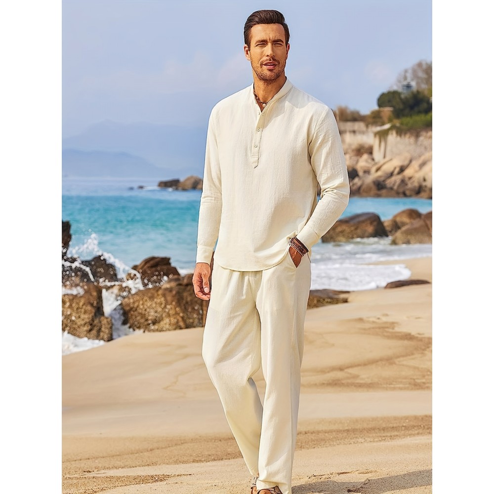 Men's Linen-Viscose Henley Shirt – Long Sleeve V-Neck