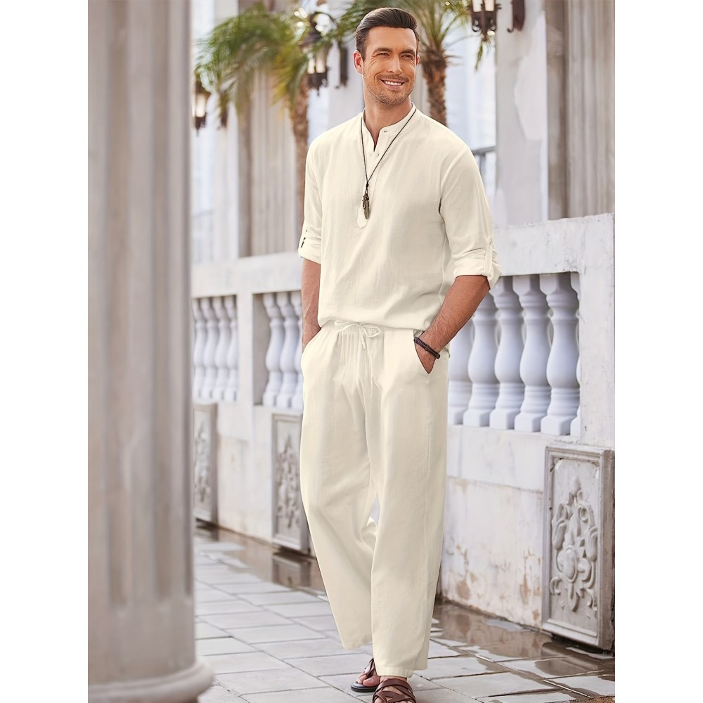 Men's Linen-Viscose Henley Shirt – Long Sleeve V-Neck