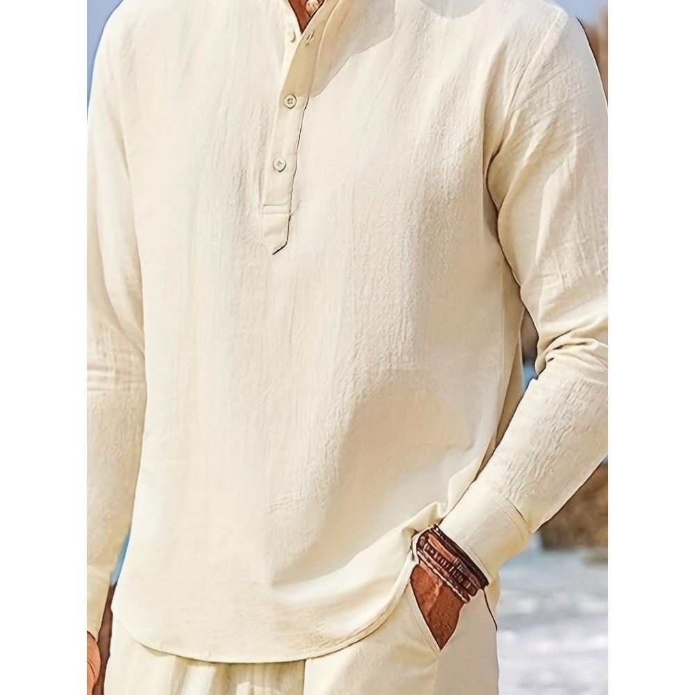 Men's Linen-Viscose Henley Shirt – Long Sleeve V-Neck